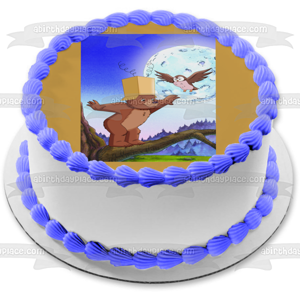 Little Bear Balancing Owl Moon Edible Cake Topper Image ABPID09261