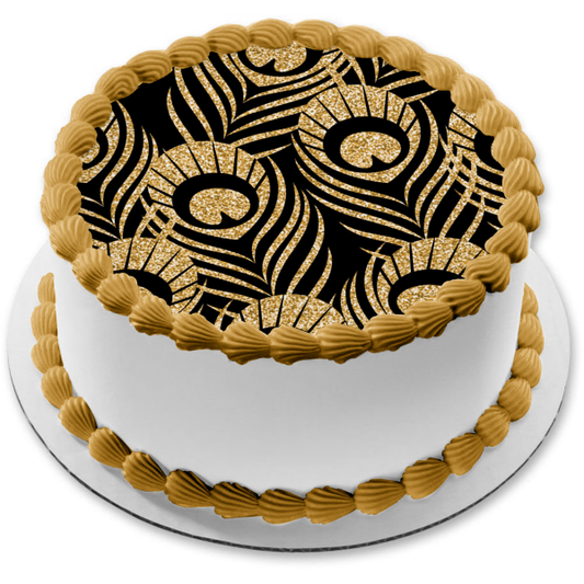 Gold and Black Peacock Feathers Pattern Edible Cake Topper Image or Strips ABPID55559