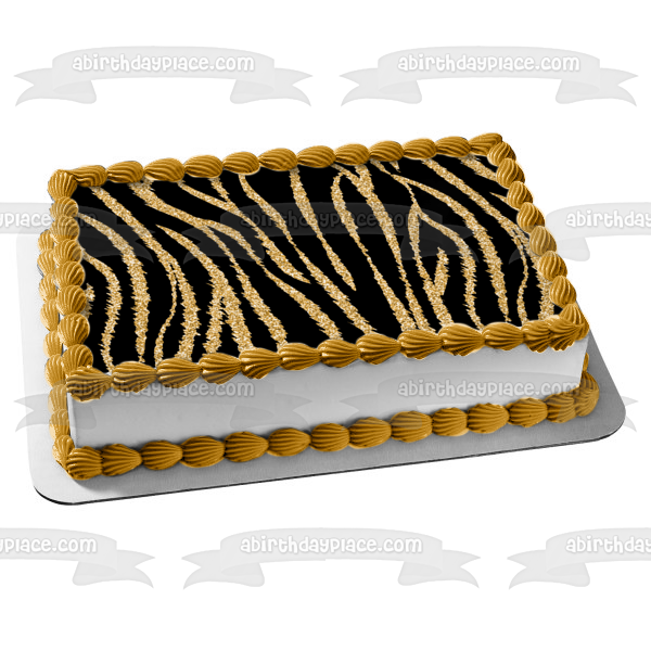 Gold and Black Tiger Print Pattern Edible Cake Topper Image or Strips ABPID55561