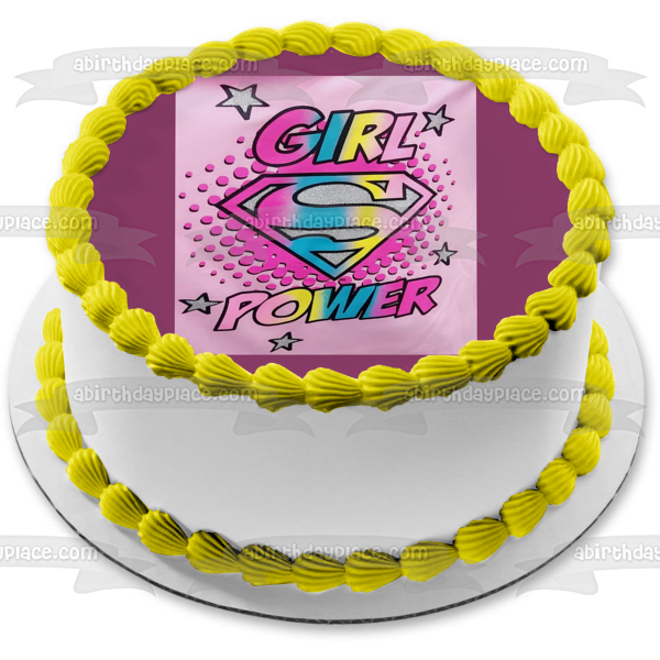 Super Girl Logo Girl Power Colorful Stars Pink Background Edible Cake Topper Image ABPID10190