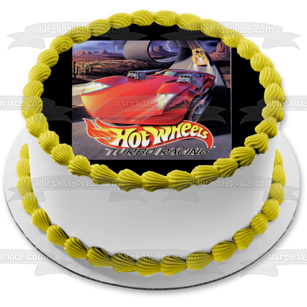 Mattel Hot Wheels Turbo Racing Red Car Yellow Car Racing Edible Cake Topper Image ABPID09271