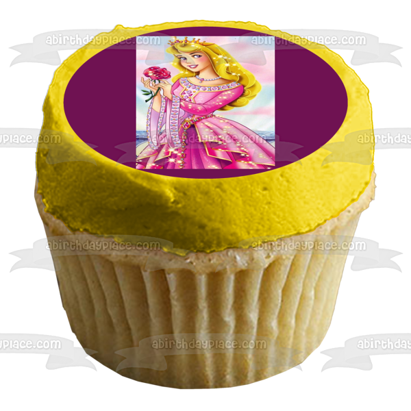 Disney Princess Sleeping Beauty Auroa Sparkles Ball Gown Rose Crown Edible Cake Topper Image ABPID10313