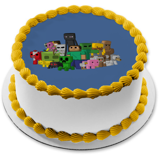 Minecraft, varios aspectos y personajes, fondo azul, decoración comestible para tarta, imagen ABPID10490 
