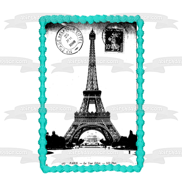 Eiffel Tower Paris France Postcard Black and White Edible Cake Topper Image ABPID10797