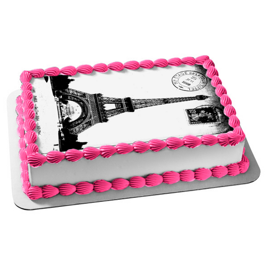 Eiffel Tower Paris France Postcard Black and White Edible Cake Topper Image ABPID10797