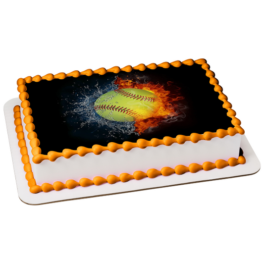 Softball Fire and Water Splash Abstract Sports Edible Cake Topper Image ABPID55682