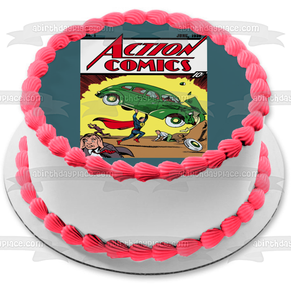 Action Comcis Cover Superman Throwing Car People Running Number 1 Edible Cake Topper Image ABPID11357