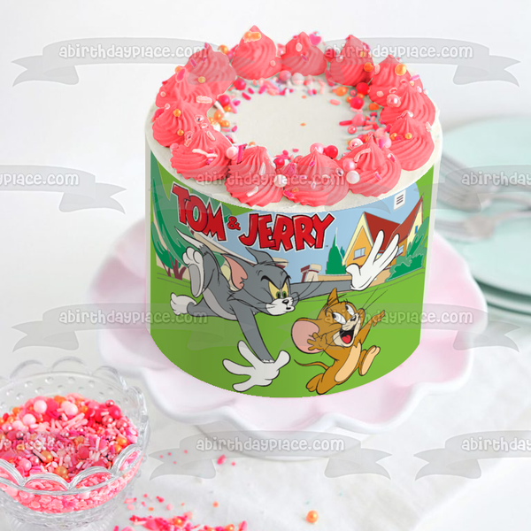 Tom and Jerry Tom Chasing Jerry Grass Trees House Edible Cake Topper Image ABPID11188