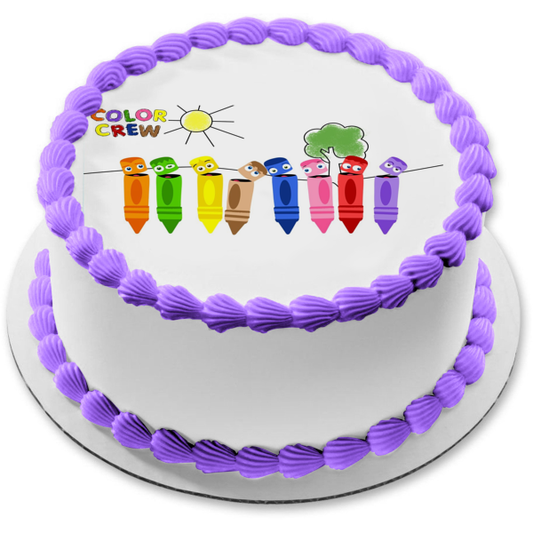Color Crew Crayons Orange Green Yellow Brown Blue Pink Red Purple Sun Tree Edible Cake Topper Image ABPID11365