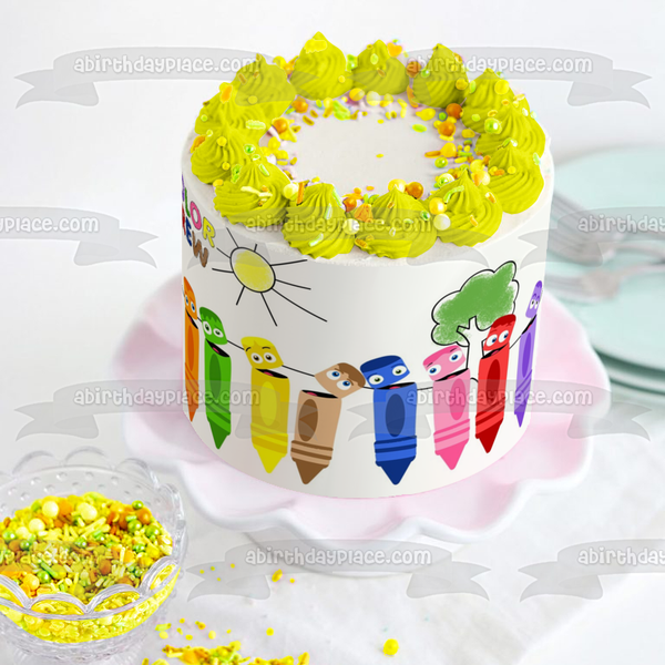 Color Crew Crayons Orange Green Yellow Brown Blue Pink Red Purple Sun Tree Edible Cake Topper Image ABPID11365
