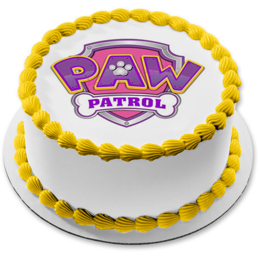 Adorno comestible para tarta con insignia rosa y morada de Paw Patrol, imagen ABPID11379 