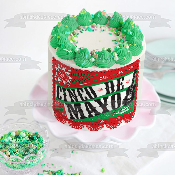 Cinco De Mayo Flag Black Guitar Red and Green Edible Cake Topper Image ABPID11380