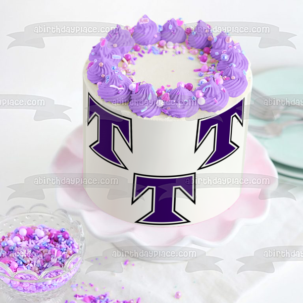Trinity Christian School Lions Purple T Logos Edible Cake Topper Image ABPID11419