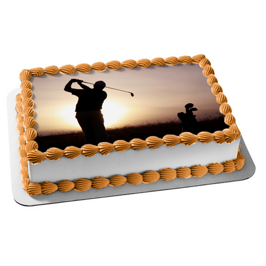 Golfing at Sunset Silhouette Edible Cake Topper Image ABPID55692
