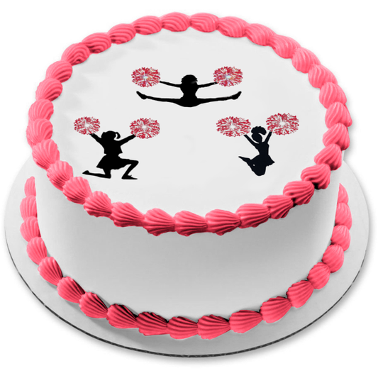Cheerleaders Cheer Silhouette with Red Pom Poms Edible Cake Topper Image ABPID55621