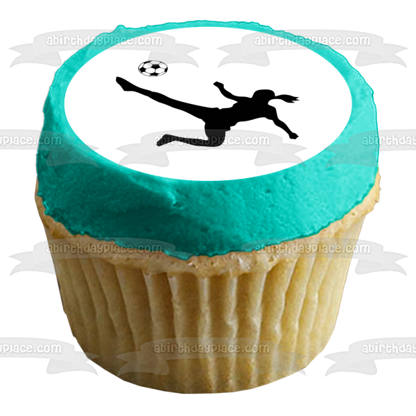 Women's Soccer Ball Kicking Silhouette Edible Cake Topper Image ABPID55706
