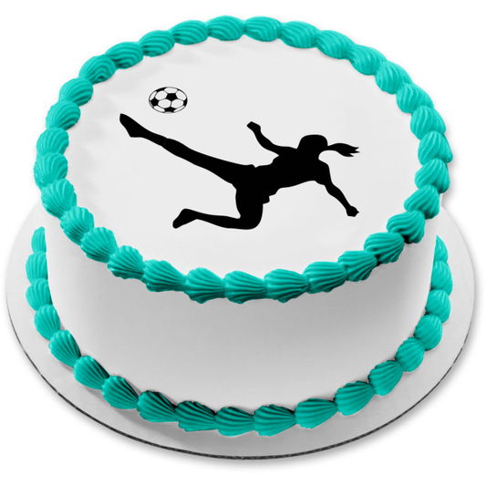 Women's Soccer Ball Kicking Silhouette Edible Cake Topper Image ABPID55706