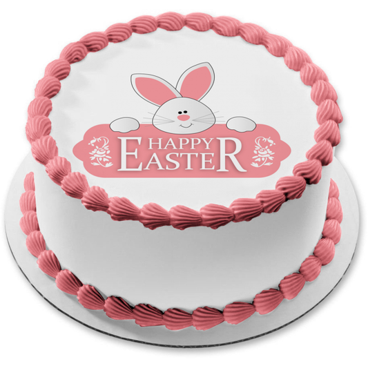 Happy Easter Pink and White Bunny Edible Cake Topper Image ABPID55775