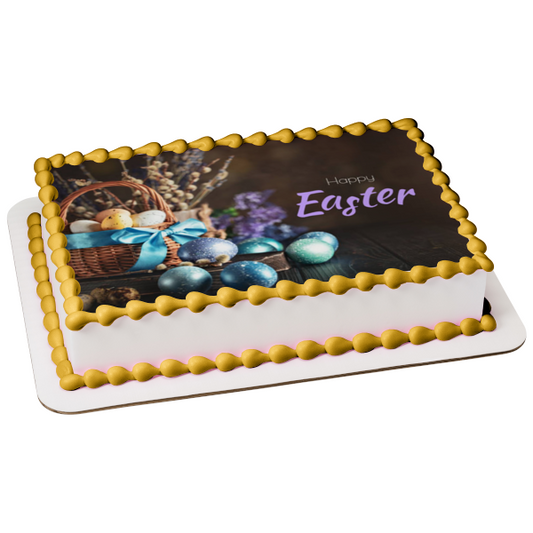 Happy Easter Blue and Yellow Easter Eggs In a Basket Edible Cake Topper Image ABPID55771