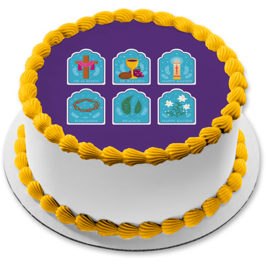 Happy Easter "He Is Risen" "Be Blessed" "Forgiven" "Rejoice" Cross Wine Glass Edible Cake Topper Image ABPID55776