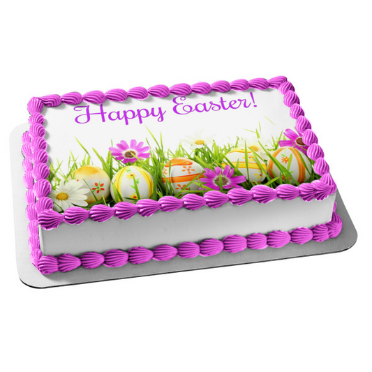 Happy Easter Colorful Eggs and Flowers Edible Cake Topper Image ABPID55772