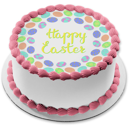 Happy Easter Colorful Mini Easter Eggs Edible Cake Topper Image ABPID55773