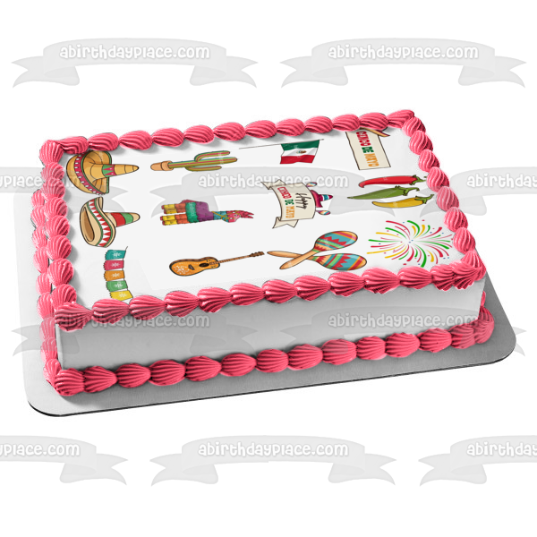 Happy Cinco De Mayo Sombreros Chile Peppers Maracas Piñatas Edible Cake Topper Image ABPID55780