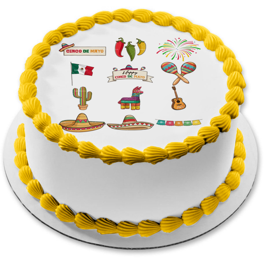 Happy Cinco De Mayo Sombreros Chile Peppers Maracas Piñatas Edible Cake Topper Imagen ABPID55780 