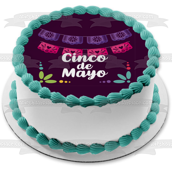 Happy Cinco De Mayo Hearts and Flowers Edible Cake Topper Image ABPID55781