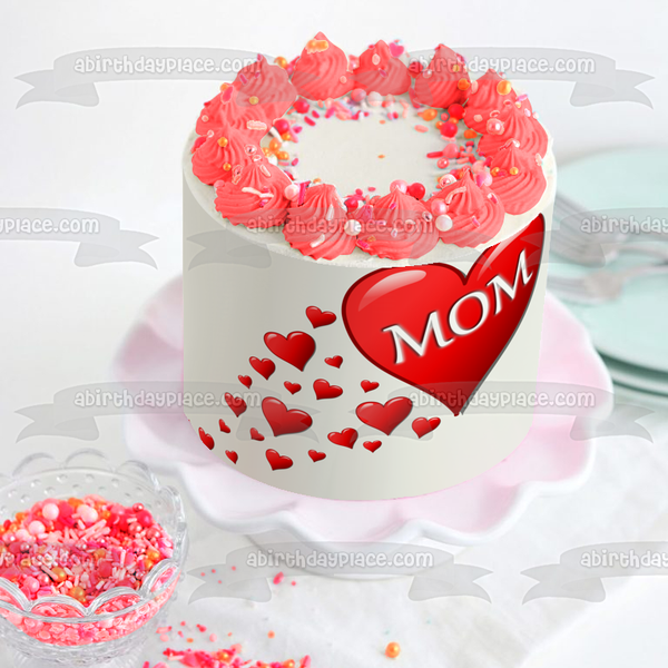Happy Mother's Day Mom and Red Hearts Edible Cake Topper Image ABPID55794