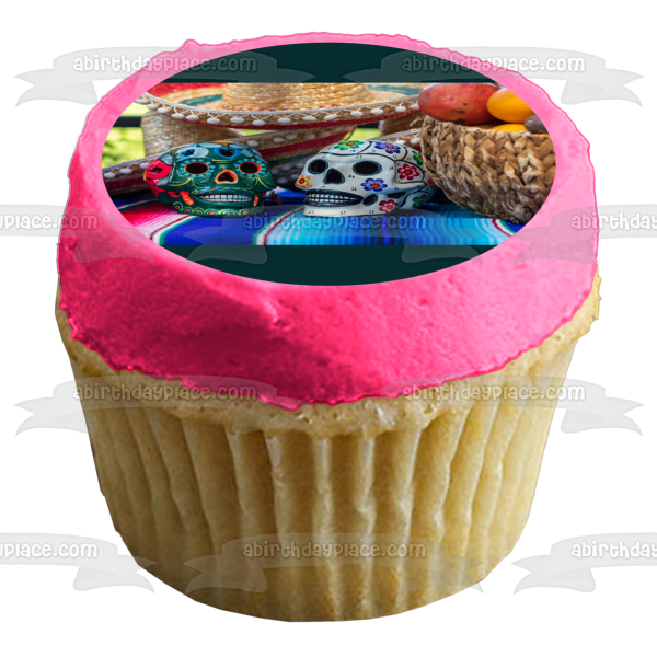 Happy Cinco De Mayo Sugar Skulls and Sombreros Edible Cake Topper Image ABPID55782
