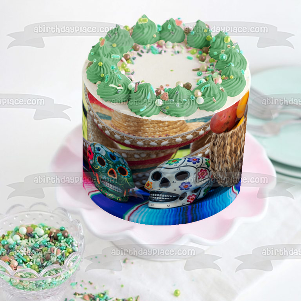 Happy Cinco De Mayo Sugar Skulls and Sombreros Edible Cake Topper Image ABPID55782