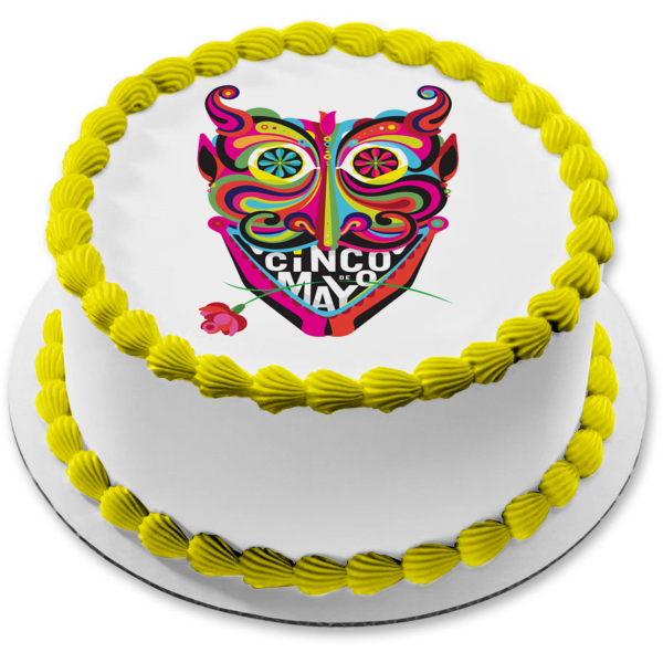 Happy Cinco De Mayo Mask and Flowers Edible Cake Topper Image ABPID55783