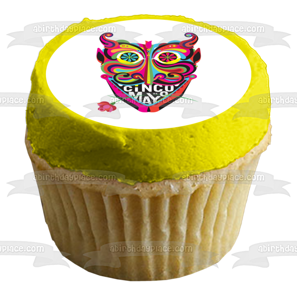 Happy Cinco De Mayo Mask and Flowers Edible Cake Topper Image ABPID55783