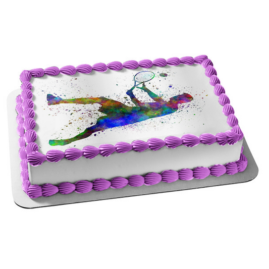Imagen de adorno comestible para tarta con silueta de pintura deportiva de tenis ABPID55925 