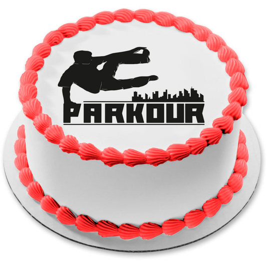 Imagen de decoración comestible para tarta con silueta de ciudad de acción en movimiento de Parkour ABPID55844 