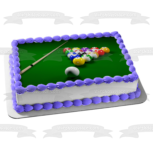 Pool Stick and Balls on Pool Table Edible Cake Topper Image ABPID55956
