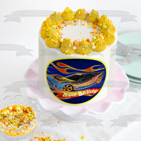 Hot Wheels Happy Birthday Blue Race Car Edible Cake Topper Image ABPID12125
