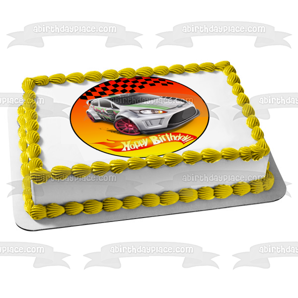 Hot Wheels Happy Birthday Silver Car Checkered Flag Edible Cake Topper Image ABPID12134