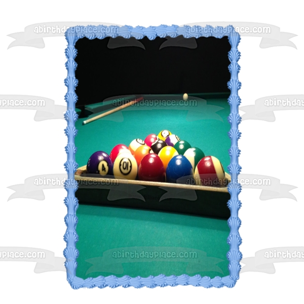 Pool Table Balls and Cue Stick Edible Cake Topper Image ABPID55876