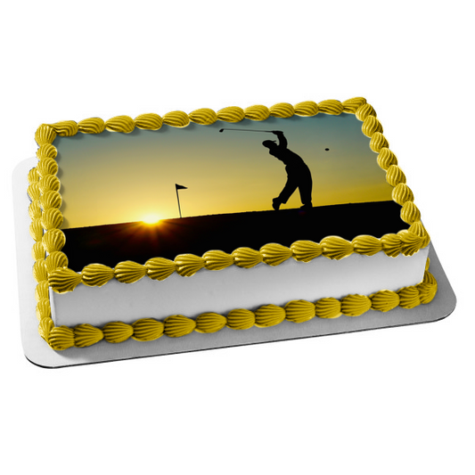 Man Golfing at Sunset Silhouette Edible Cake Topper Image ABPID55997