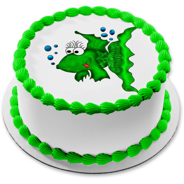 Cartoon Green Fish Blue Bubbles Edible Cake Topper Image ABPID12632