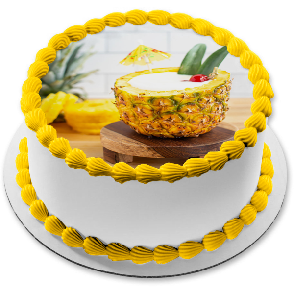 Pina Colada In a Pineapple Drink Umbrella Edible Cake Topper Image ABPID56142
