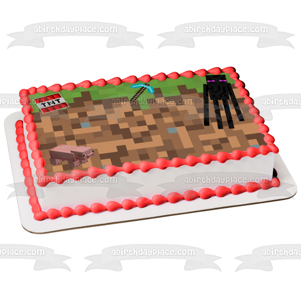 Minecraft Grass Block Pig Enderman Diamond Pick Axe Tnt Edible Cake Topper Image ABPID56044