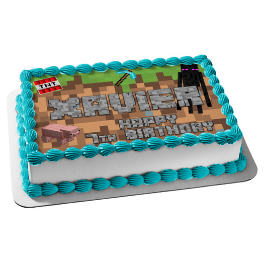 Minecraft Grass Block Pig Enderman Diamond Pick Axe Tnt Edible Cake Topper Image ABPID56044