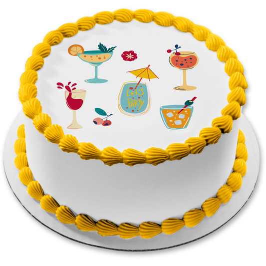 Let's Party Assorted Mixed Drinks Illustrations Edible Cake Topper Image ABPID56150