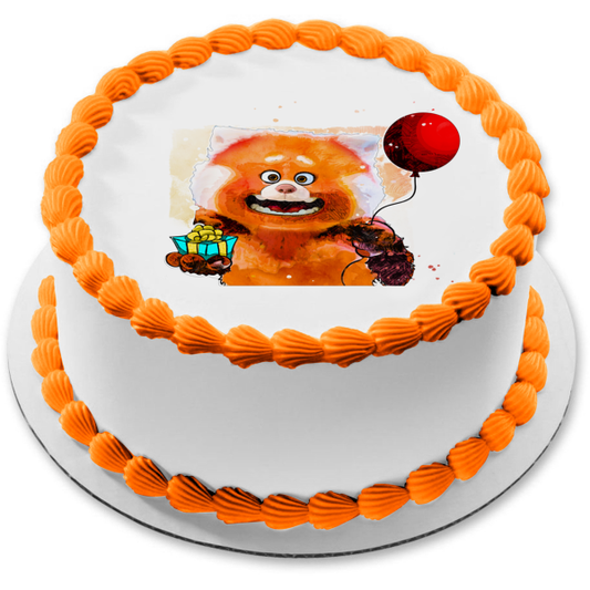 Turning Red Birthday Sketch Red Panda with a  Balloon and Gift Edible Cake Topper Image ABPID56054