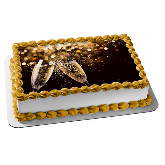 Cheers Champagne Glasses Gold Glitter Edible Cake Topper Image ABPID56154