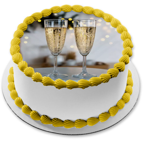 Champagne In Glasses Gold Glitter Background Edible Cake Topper Image ABPID56060