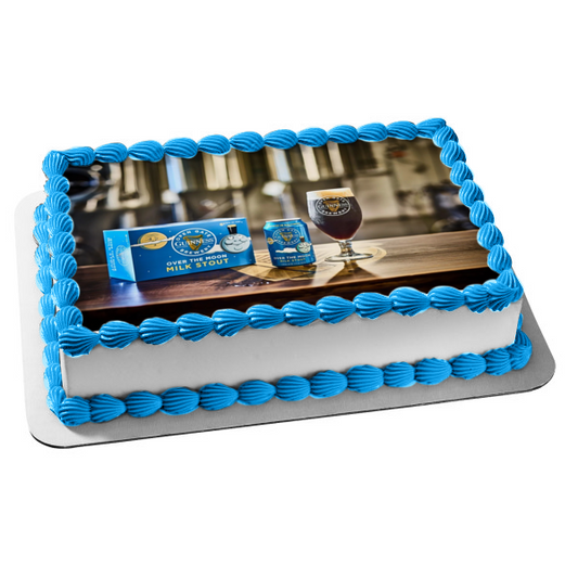 Over the Moon Milk Stout Beer In a  Case, Can and Glass Edible Cake Topper Image ABPID56163